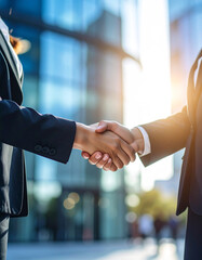 Business partnership negotiation urban setting close-up photography daylight environment professional viewpoint collaboration concept