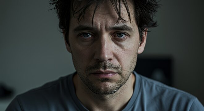Pensive man with disheveled hair stares intensely into the camera, conveying a sense of weariness and contemplation.