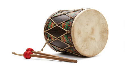 Colorful decorated drum with drumsticks