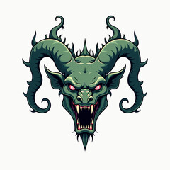 Menacing Green Gargoyle Head with Large Horns and Sharp Teeth Vector Illustration