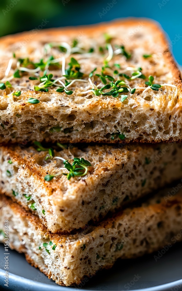 Poster fresh toasted whole grain bread slices stacked with microgreens and sprouts on top, close-up macro s