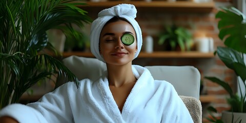 Young mixed race woman relaxing with cucumber eye patches, wearing white bathrobe and hair towel, enjoying spa treatment at home surrounded by plants.