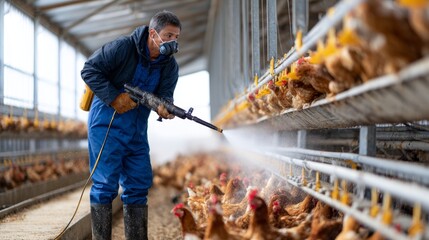 Middle-aged man in blue coveralls uses a high-pressure spray gun to clean chicken troughs outside a large coop rack, standing on a wet floor with practical black boots.