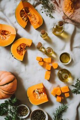 Table with a variety of vegetables and oils, including pumpkin and olive oil