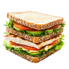 Deliciously layered chicken sandwich with fresh vegetables and whole grain bread isolated on transparent background