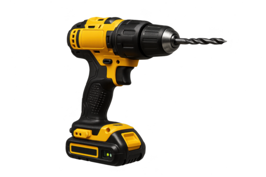 Professional yellow and black cordless drill, isolated on transparent background.
