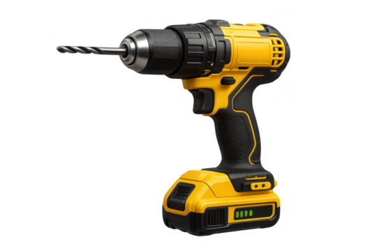Modern yellow and black cordless power drill isolated on transparent background