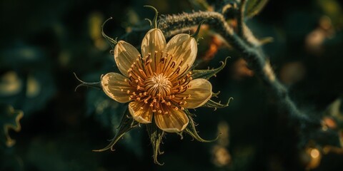 Close up of a blooming yellow flower with a detailed center against a dark green background outdoors