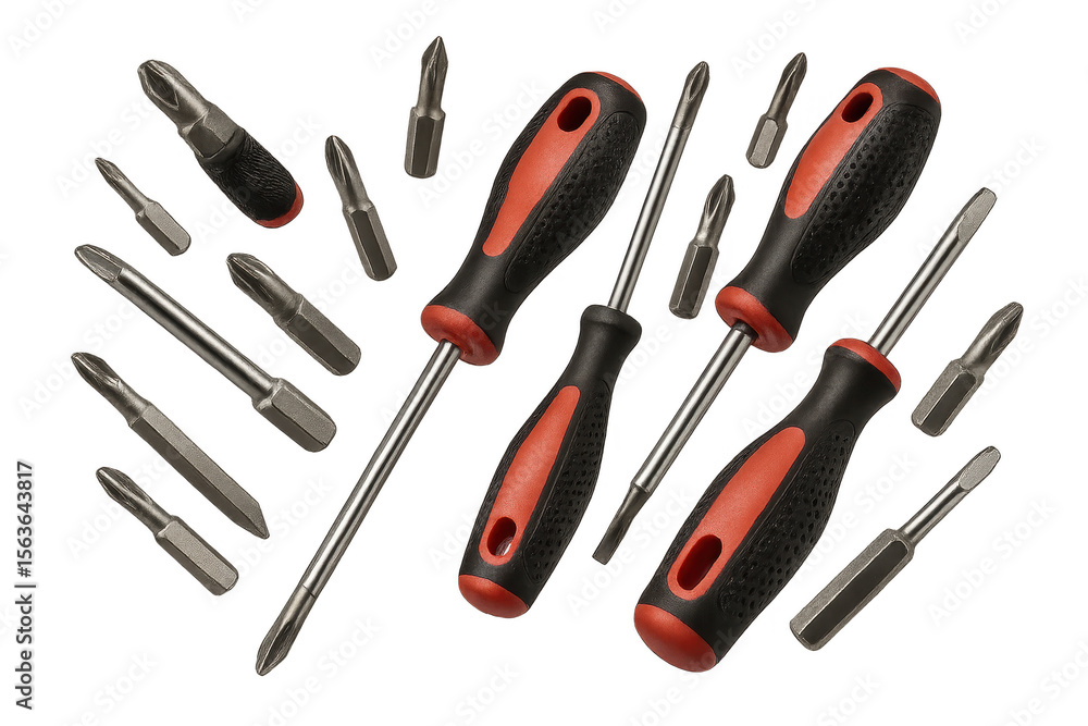 Poster various screwdrivers and interchangeable bits isolated on transparent background
