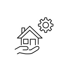Hand holding house and cogwheel. Intelligent home control, automated environment settings, smart technology management, home system optimization, remote device configuration. Pixel perfect, editable s