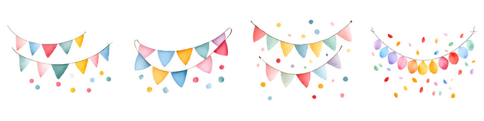 Naklejka premium Pastel Party Flags and Confetti: Watercolor Illustration Set for Celebration