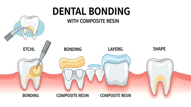 Step-by-step dental bonding illustration using composite resin. Educational vector image in minimal flat style.