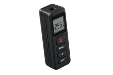 Compact laser distance meter displaying 25.6m, isolated on transparent background