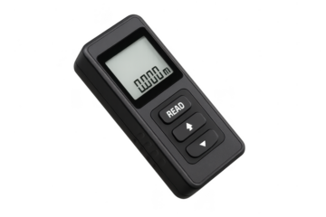 Sleek black digital laser distance meter isolated on transparent background