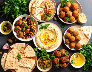 Vibrant mediterranean feast kitchen table food presentation cozy atmosphere overhead view culinary artistry