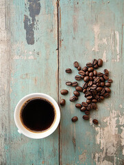 Pouring fresh brewed coffee rustic wooden table beverage photography cozy atmosphere top view coffee cup surrounded by beans for a warm coffee experience