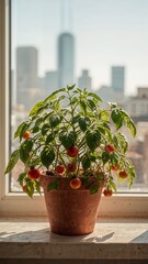 A tomato plant in a pot on a windowsill with a city skyline in the background on a sunny day indoors