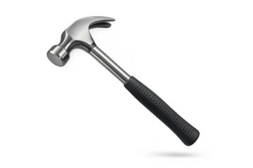 Modern claw hammer with metallic head and black handle, isolated on transparent background