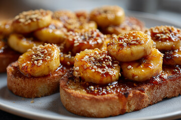 Delicious caramelized banana toast topped with sesame seeds served on a rustic plate during breakfast at a charming cafe