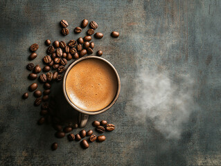 Brewing bliss top view coffee cup on rustic table drink aesthetics cozy atmosphere bird's eye perspective