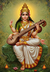 Fototapeta premium Divine Illustration of Goddess Saraswati with Halo