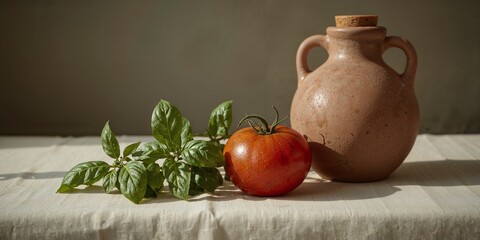 Still life featuring a tomato basil sprig and a rustic jug on a white textured cloth surface