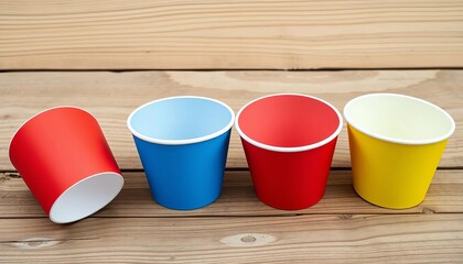 Four colorful paper cups, red, blue, green, yellow, playfully arranged on wood,  cheerful,  objects