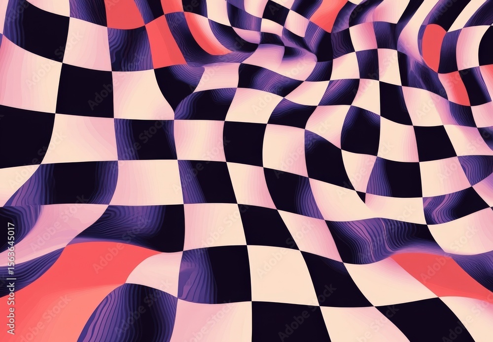 Poster groovy hippie 70s backgrounds. checkerboard, chessboard, mesh, waves patterns. twisted and distorted