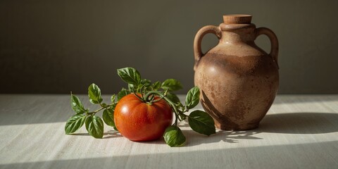 Still life featuring a tomato basil and a ceramic jug on a white surface under soft lighting