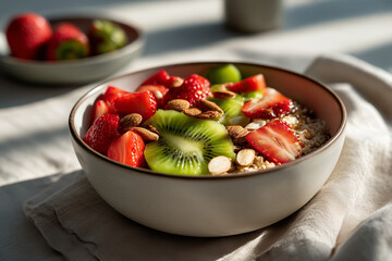 Fresh fruit bowl with kiwi and strawberries served on a light countertop during morning hours