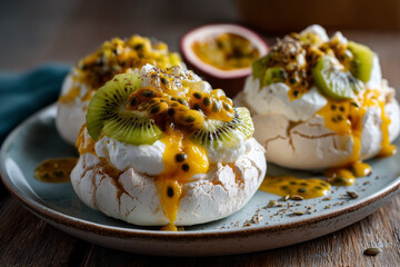 Delicious pavlova dessert topped with fresh fruit and passionfruit sauce served on a rustic plate