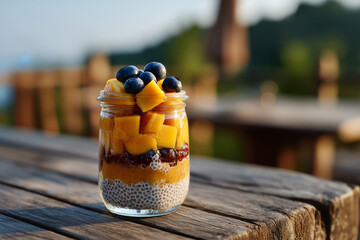 Healthy chia seed pudding topped with fresh mango and blueberries on a wooden table overlooking nature