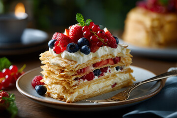 Delicious layered dessert with fresh berries and cream served on a plate at a cozy cafe during afternoon tea