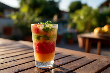 Refreshing summer drink with layered fruit and herbs in a sunny outdoor setting