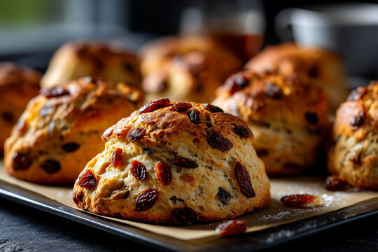 Freshly baked scones with raisins cooling on a tray in a cozy kitchen setting