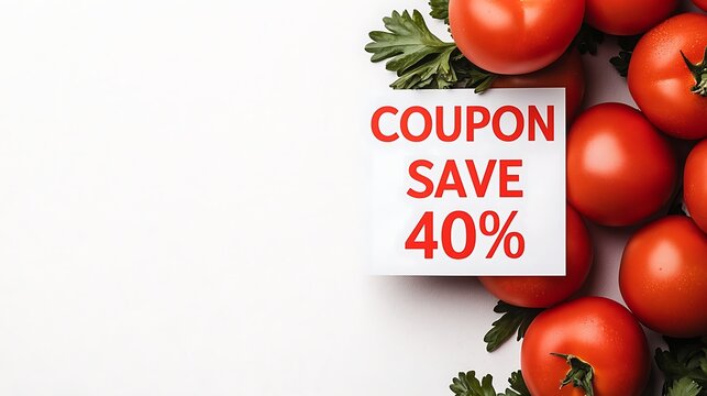 A 40% off coupon next to fresh red tomatoes and green parsley on a white background.