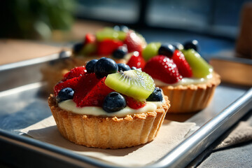 Delicious fruit tarts displayed on a tray in a bright cafe setting with natural light during afternoon