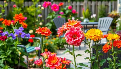 Obraz premium Vibrant blooms in Hudson, Quebec backyard garden, patio furniture visible, flowers, chairs