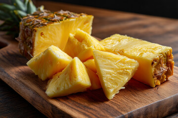 Freshly cut ripe pineapple pieces arranged on a wooden cutting board ready for serving or snacking anytime