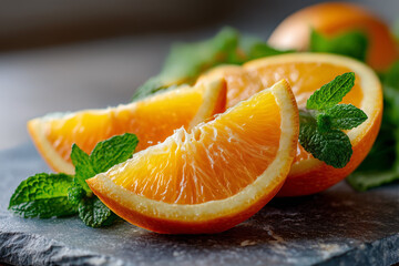 Fresh orange slices with mint leaves arranged on a slate surface during daylight