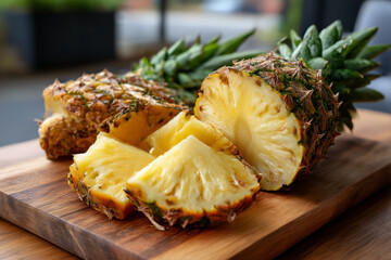 Freshly cut pineapple resting on a wooden cutting board outdoors in natural light