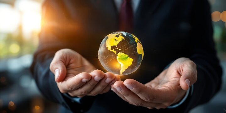 Businessman presenting glowing digital Earth hologram with global network icons, symbolizing innovation, global communication, and future technology in business. Globe.