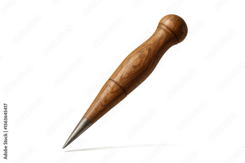 Poster classic awl with wooden handle and sharp metal tip isolated on transparent background