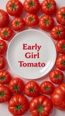 Arrangement of early girl tomatoes around a white plate with text on a white background surface