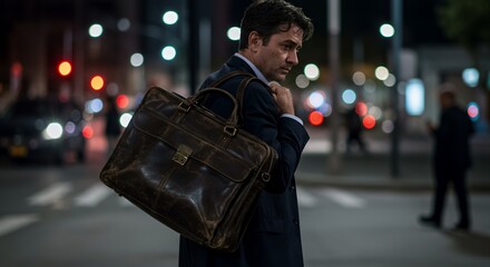 A man in a dark suit carries a worn leather briefcase, navigating a city street at night, lost in thought.