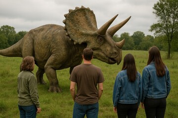 Fototapeta premium People encounter lifelike triceratops.