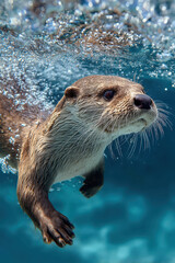 Otter Swimming Underwater Bubbles and Motion Blur Wildlife Photography