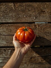A hand holding a large ripe tomato against a rustic wooden background in natural sunlight