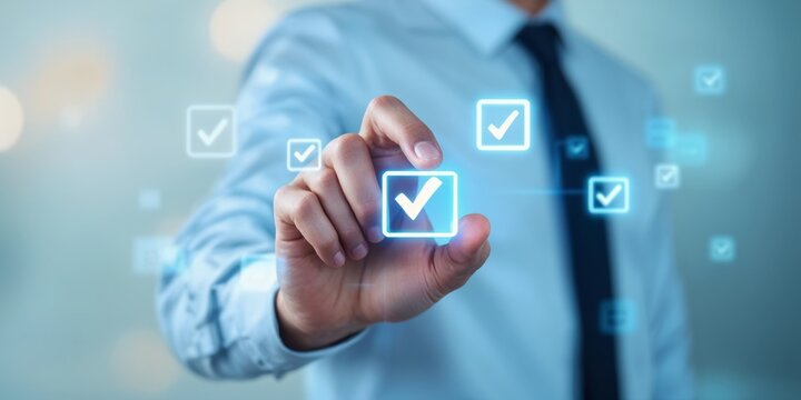 Businessman interacting with digital checklist interface. Ideal for visuals related to productivity, workflow planning, task tracking, project management, and digital business execution.