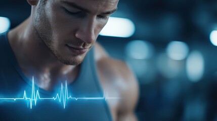A focused young man in a gym monitors his heart rate, with a digital heartbeat line overlay emphasizing fitness and health.